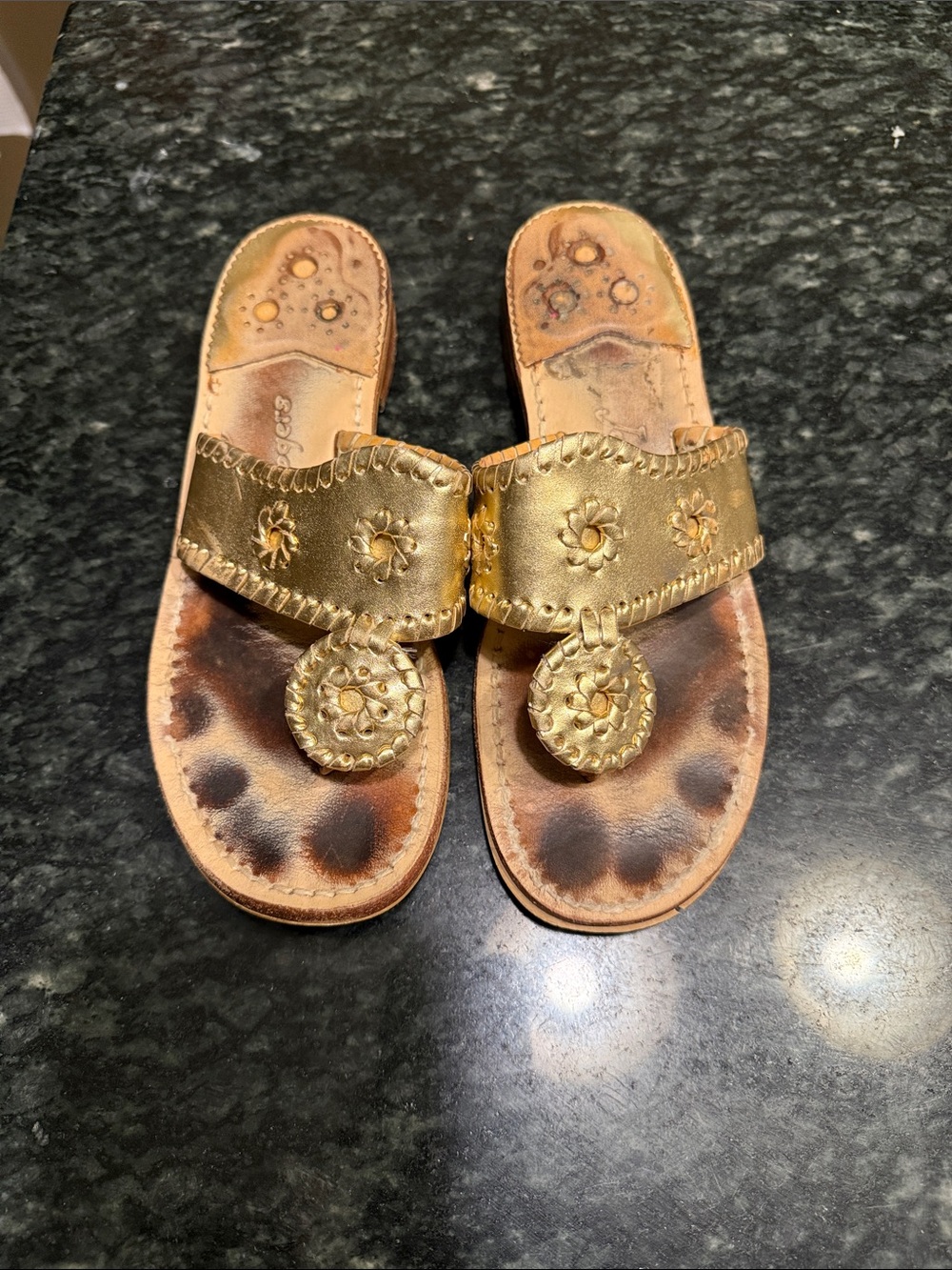 Jack Rogers Gold Leather Thong Sandals with Decorative Medallions